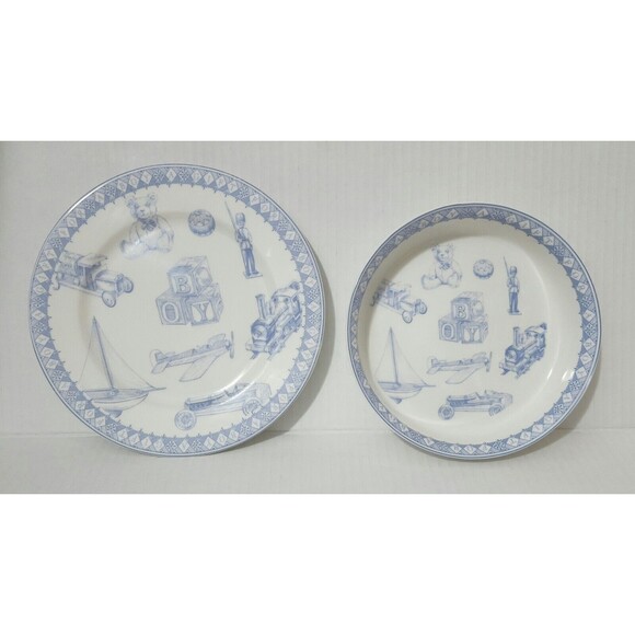Queen's Porcelain Plate and Bowl Set for Boys White Blue Boys' Toys Pattern - Picture 1 of 5